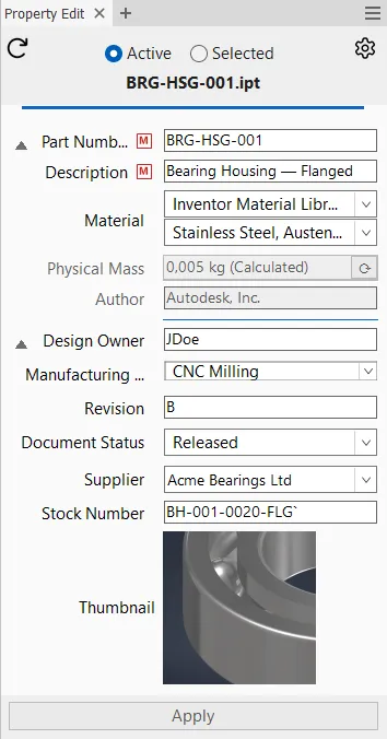 Flow Property Edit Panel — Part document with Manufacturing Method and Material special property