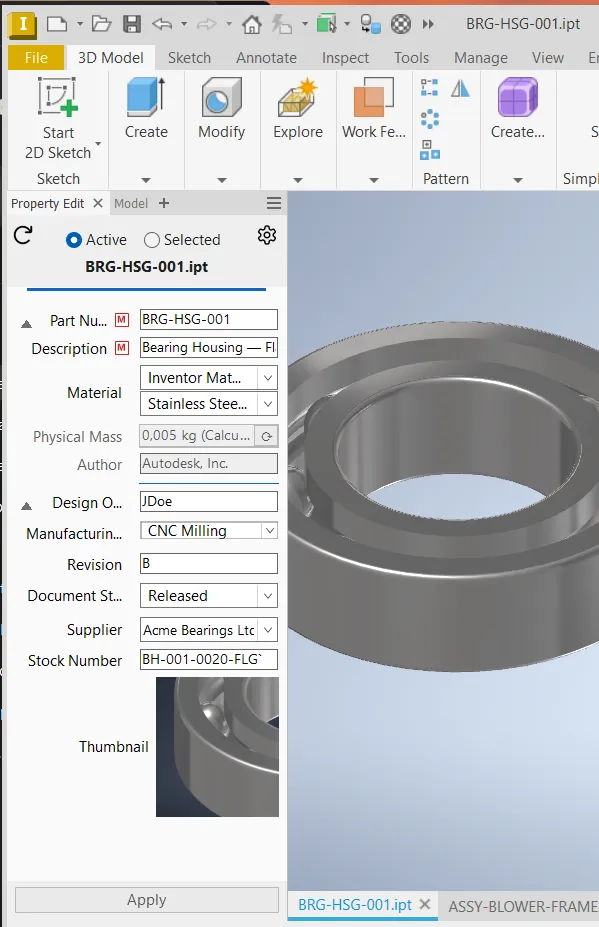 Flow Property Edit Panel docked in Autodesk Inventor — Part document