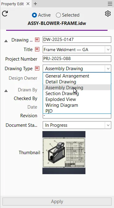 Flow Drawing — list-only Drawing Type, read-only Design Owner, and hide rules
