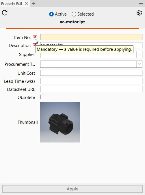 Flow Purchased Part — custom iProperty category with YesNo toggle and number fields